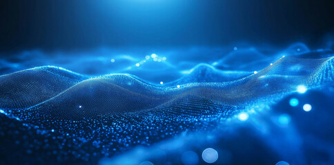 Fototapete - Wave of particles. Futuristic blue dots background with a dynamic wave. Big data. 3d rendering.