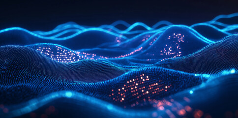 Fototapete - Abstract digital landscape or soundwaves with flowing particles. Big data technology background. Visualization of sound waves. Virtual reality concept: 3D digital surface. EPS 10 vector illustration.