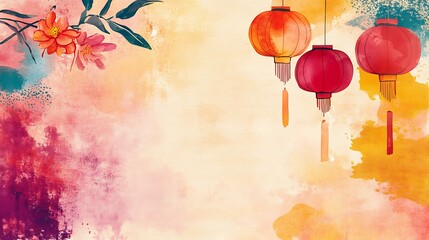 Chinese New Year invitation design with abstract watercolor brush strokes, floral motifs, and lanterns