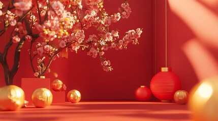 Wall Mural - Chinese New Year greeting card design with a blooming plum tree, lanterns, and gold accents on a red background