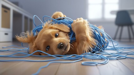 Wall Mural - Puppy playing with cords. AI.