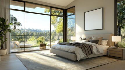 Poster - Modern Tranquil Bedroom with Large Windows Overlooking Scenic Nature, Featuring Cozy Bedding, Minimalist Decor, and Inviting Natural Light Streaming Inside