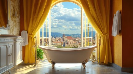 Poster - Luxurious Bathroom with Scenic View of Historic Cityscape and Elegant Freestanding Bathtub Framed by Yellow Drapes and Bright Natural Light