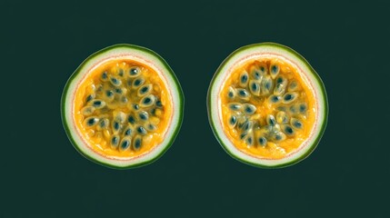 Wall Mural - Two Halves of a Passion Fruit on a Dark Green Background