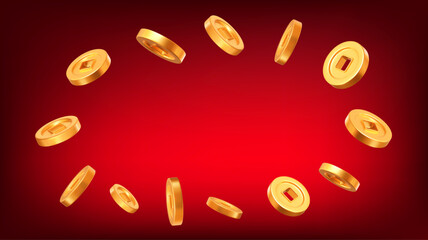 Wall Mural - 3d flying ancient old gold coins of china with stars on red isolated background. rich or casino luck