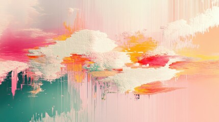 Poster - Creative glitch-inspired digital art with colorful pixelated shapes in pastel pinks and whites on a neutral backdrop