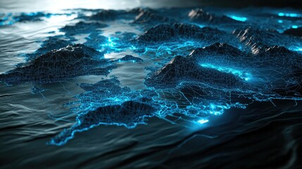 Poster - Detailed 3D-rendered map of oceanic terrain with glowing blue wireframe grids and dark contrasting tones