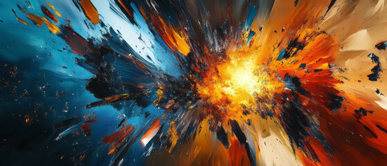 Poster - High energy abstract explosion with dynamic movement and fragmented pieces in vibrant colors