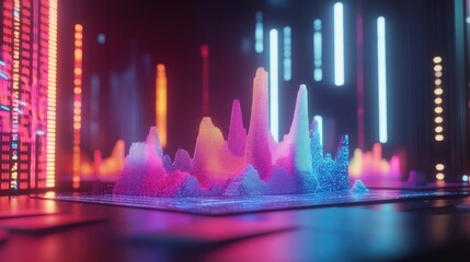 Poster - dynamic 3d graphs and charts glowing with vibrant colors on a touchscreen in a tech-focused environm