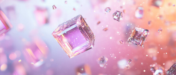 Poster - Abstract composition of crystal cubes and sparkling glitter in pastel colors