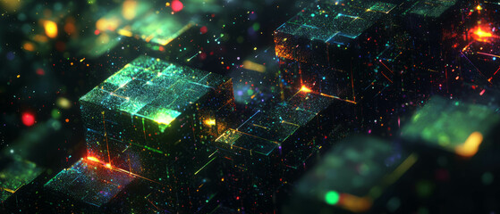 Poster - Explore the interconnected world of 3D cubes with vibrant glitter and complex networks