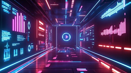 Poster - Futuristic data display showing animated graphs and colorful charts in a professional digital presentation