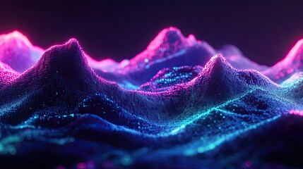 Poster - Futuristic neon blue and purple wave design rendered in 3D with a pixelated terrain grid for modern visuals