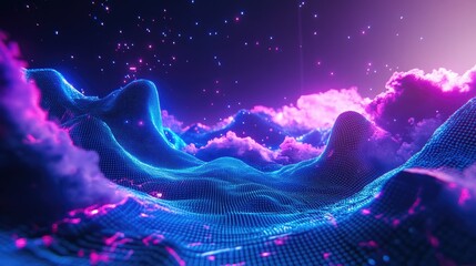 Poster - Futuristic neon blue and purple wave design rendered in 3D with a pixelated terrain grid for modern visuals