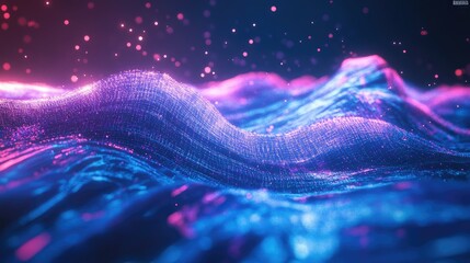Poster - Futuristic neon blue and purple wave design rendered in 3D with a pixelated terrain grid for modern visuals