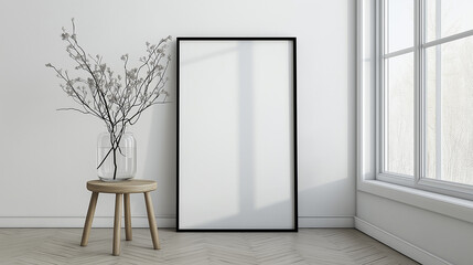 Poster - Minimalist modern interior with a leaning rectangular canvas against a white wall, complemented by a round wooden stool and natural herringbone flooring, illuminated by soft natural light through a ta