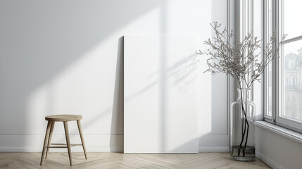 Poster - Minimalist modern interior with a leaning rectangular canvas against a white wall, complemented by a round wooden stool and natural herringbone flooring, illuminated by soft natural light through a ta