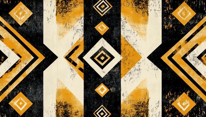 Poster - Geometric tribal pattern with black and yellow diamond shapes in a symmetrical design