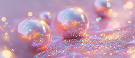 Fototapete - Mesmerizing abstract background with 3D holographic spheres and iridescent glitter flakes