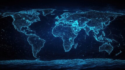 Poster - High-resolution abstract oceanic map with glowing blue wireframe lines against a sleek dark surface