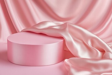 Wall Mural - A pink podium with satin cloth on it, a soft and delicate background, product photography, a minimalist style, a simple composition, 