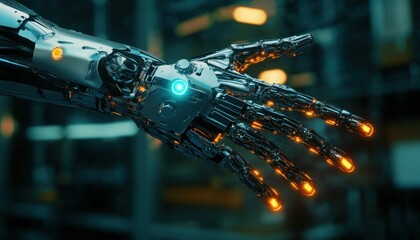 Poster - Futuristic metallic robotic arm with glowing accents and cybernetic design