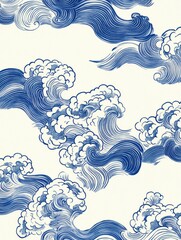 Poster - Japanese Wave Pattern in Blue and White, Artistic Ocean Waves Artwork