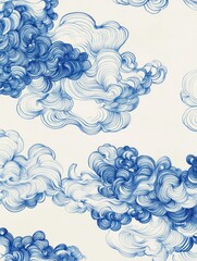 Aufkleber - Dreamy Blue Clouds Delicate Ink Drawing on White Background Abstract Pattern Design