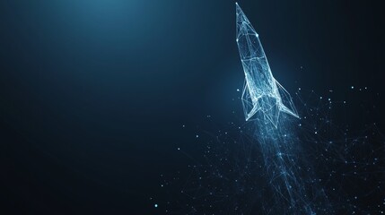 Poster - abstract rocket launch low poly wireframe. isolated on dark blue background. Business startup concept form lines, triangles and particle. vector illustration in flat style modern design.