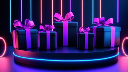 Poster - Black gift boxes decorated with purple ribbons float above round podium. Bright neon signs illuminate dark background, highlighting promotional sale text for special offers marketing presentations.