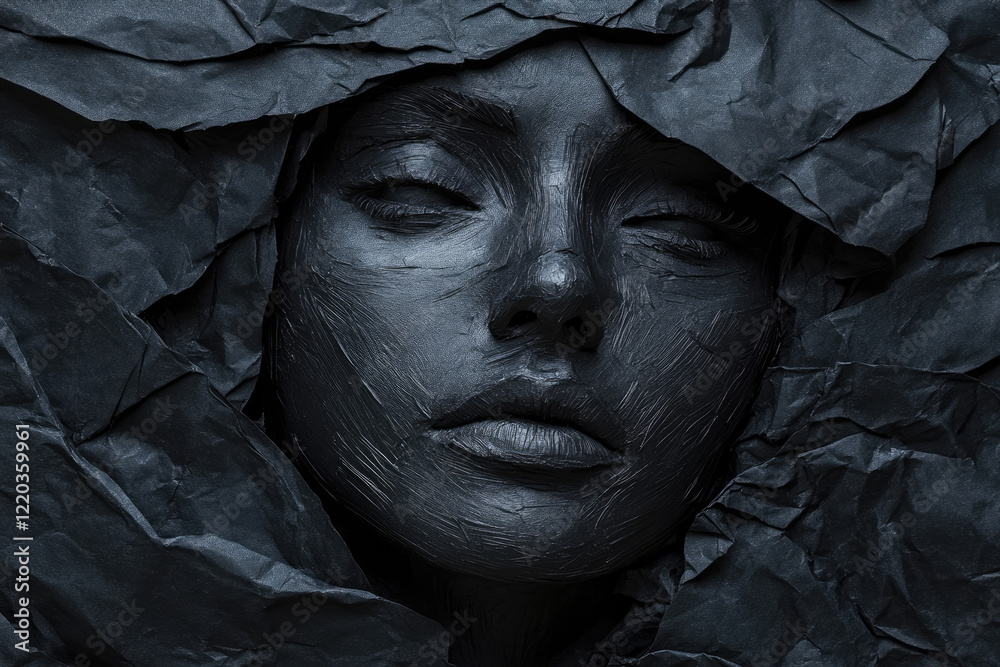 Crumpled black paper with fine details of folds and creases ...