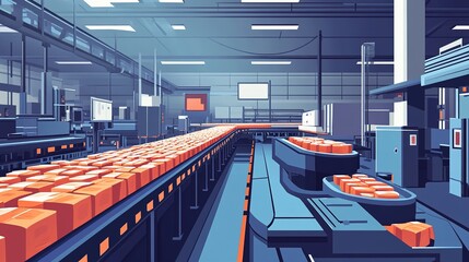 Poster - A factory producing food products on an industrial scale, with conveyor belts full of goods.