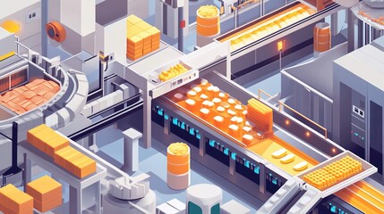 Poster - A factory producing food products on an industrial scale, with conveyor belts full of goods.