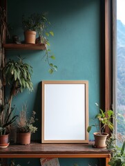 Canvas Print - A simple wooden frame mockup with blank white paper, placed on an elegant shelf adorned with potted plants and greenery against the backdrop of muted teal walls. The ambiance is warm and inviting.