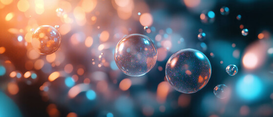 Poster - Dynamic interaction of colored spheres creating light reflections and shadows in an abstract design