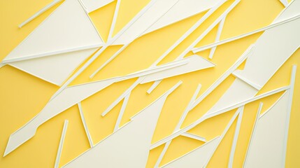 Fototapete - Scattered linear patterns in white against a soft yellow backdrop, forming a minimalistic textured composition
