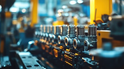 Poster - industrial production of automotive parts in a busy factory.