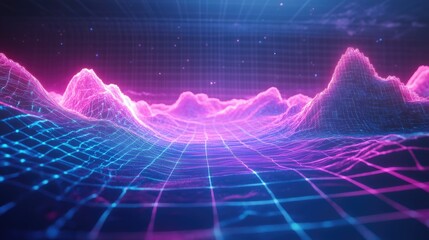 Poster - vibrant 3d neon wave design in blue and purple tones with a grid-like pixelated terrain background