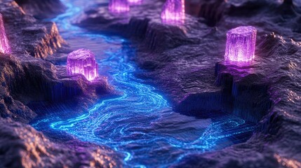 Poster - vibrant 3d render featuring glowing blue and purple waves over a pixelated, structured grid terrain