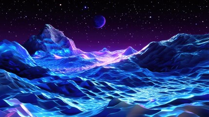 Poster - vibrant 3d render featuring glowing blue and purple waves over a pixelated, structured grid terrain