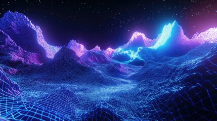 Poster - vibrant 3d render featuring glowing blue and purple waves over a pixelated, structured grid terrain