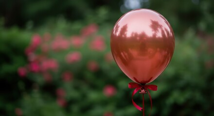 Wall Mural - A high-detail shot of a single metallic balloon tied to a satin ribbon floating against a clean blurred background with subtle light reflections