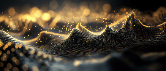 Poster - Dynamic abstract representation of sound waves and visual music patterns with golden highlights