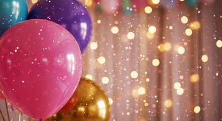 Wall Mural - A vibrant party scene with a close-up of colorful balloons against a softly blurred backdrop of string lights and glitter