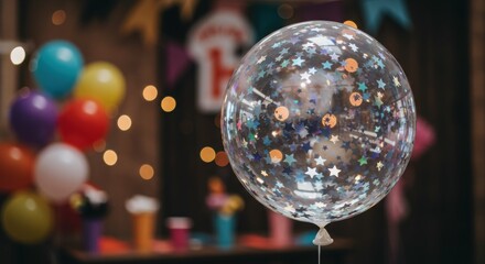 Wall Mural - A crisp clean shot of a transparent balloon filled with holographic star confetti suspended against a blurred party backdrop