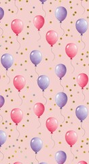 Wall Mural - A repeating pattern of tiny watercolor balloons and scattered confetti dots arranged over a soft pink canvas