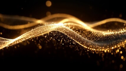 Wall Mural - A mesmerizing stream of glowing golden particles forming dynamic waves against a dark background.