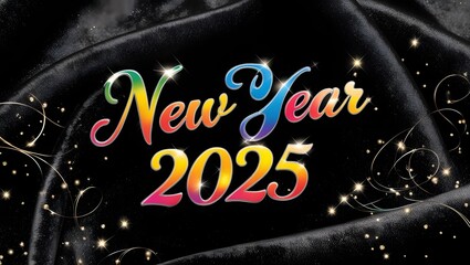 Poster - Colorful text reading NEW YEAR 2025 in vibrant rainbow hues, accented by stars and sparkles, set against a dark background