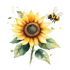 Wall Mural - Watercolor Sunflower Bee Nature Art Floral Botanical Yellow Green,