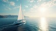 © Anisah - Sailboat on the sea sailing under bright sun and blue sky with mountain backdrop